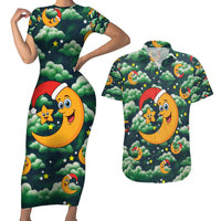 Christmas Moon and Star Couples Matching Short Sleeve Bodycon Dress and Hawaiian Shirt Xmas Holiday Patterns - Wonder Print Shop