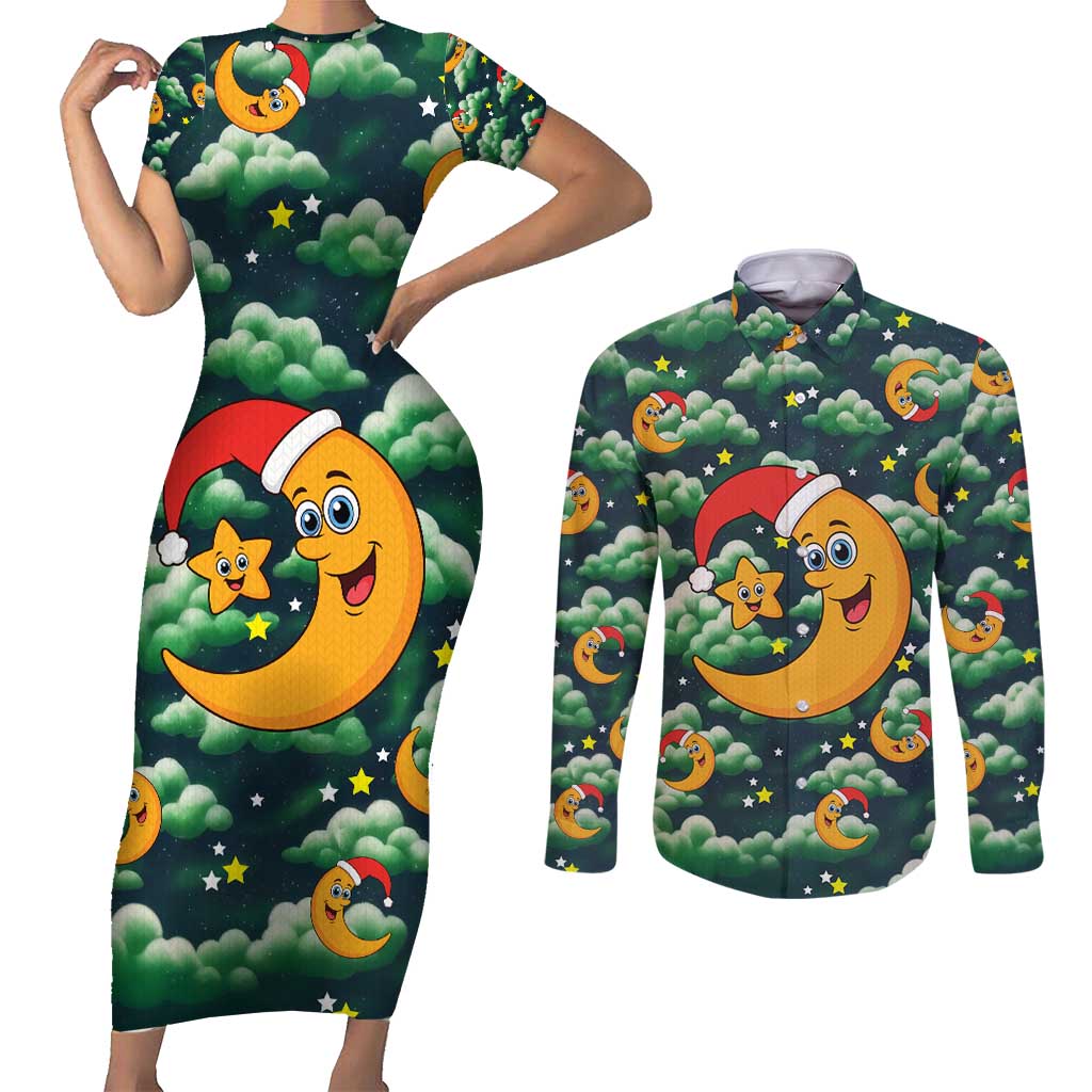 Christmas Moon and Star Couples Matching Short Sleeve Bodycon Dress and Long Sleeve Button Shirt Xmas Holiday Patterns - Wonder Print Shop