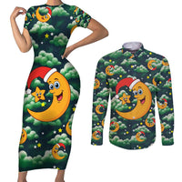 Christmas Moon and Star Couples Matching Short Sleeve Bodycon Dress and Long Sleeve Button Shirt Xmas Holiday Patterns - Wonder Print Shop