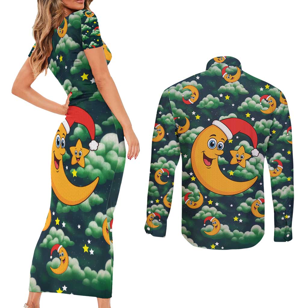 Christmas Moon and Star Couples Matching Short Sleeve Bodycon Dress and Long Sleeve Button Shirt Xmas Holiday Patterns - Wonder Print Shop