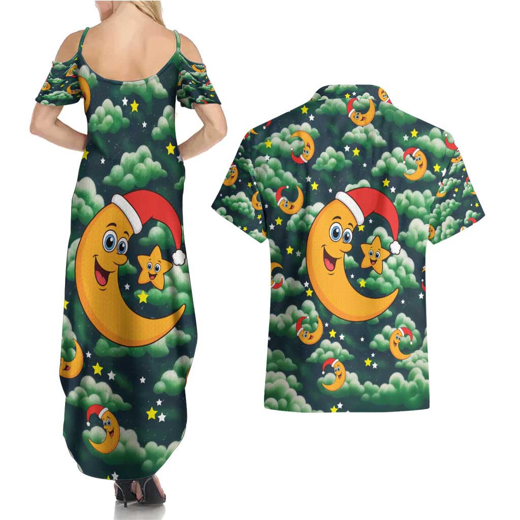Christmas Moon and Star Couples Matching Summer Maxi Dress and Hawaiian Shirt Xmas Holiday Patterns - Wonder Print Shop