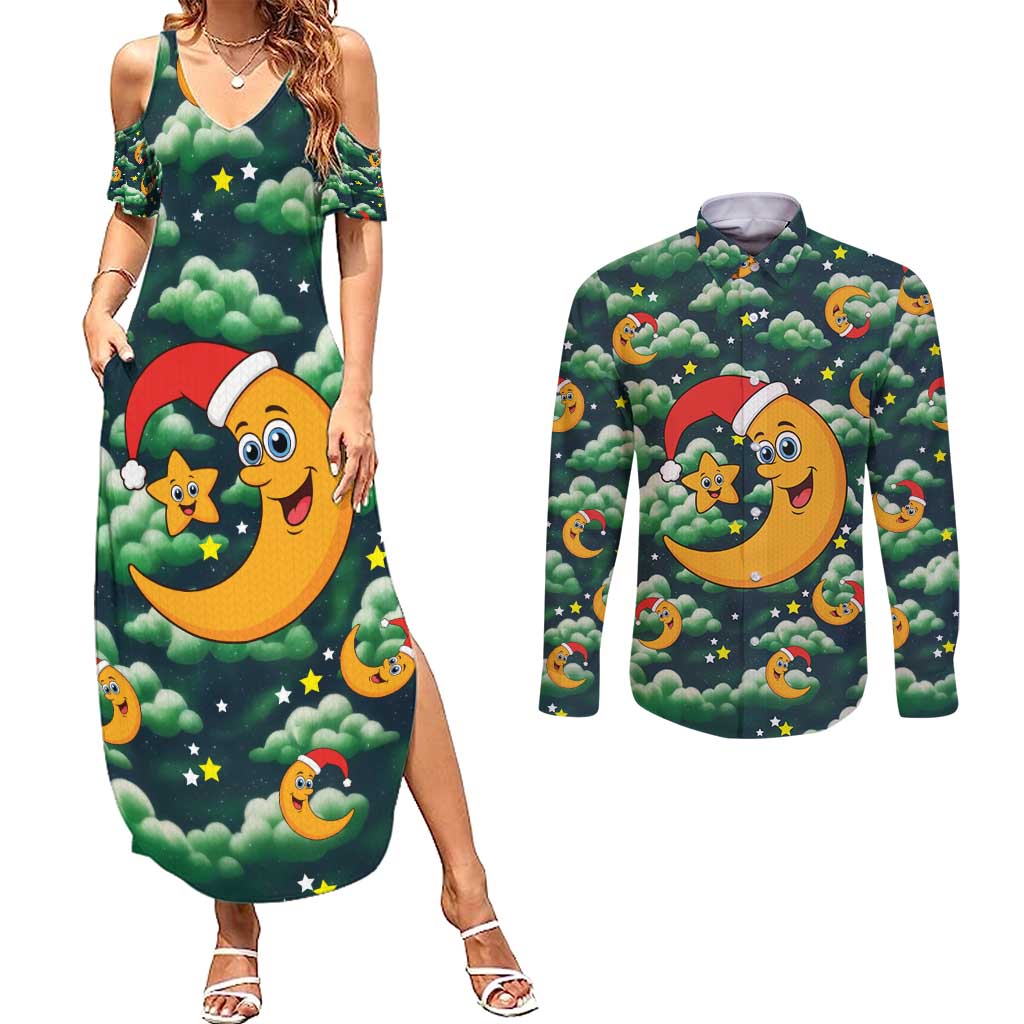 Christmas Moon and Star Couples Matching Summer Maxi Dress and Long Sleeve Button Shirt Xmas Holiday Patterns - Wonder Print Shop