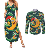 Christmas Moon and Star Couples Matching Summer Maxi Dress and Long Sleeve Button Shirt Xmas Holiday Patterns - Wonder Print Shop