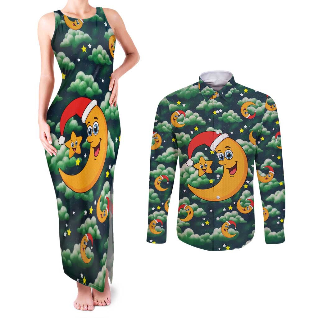 Christmas Moon and Star Couples Matching Tank Maxi Dress and Long Sleeve Button Shirt Xmas Holiday Patterns - Wonder Print Shop