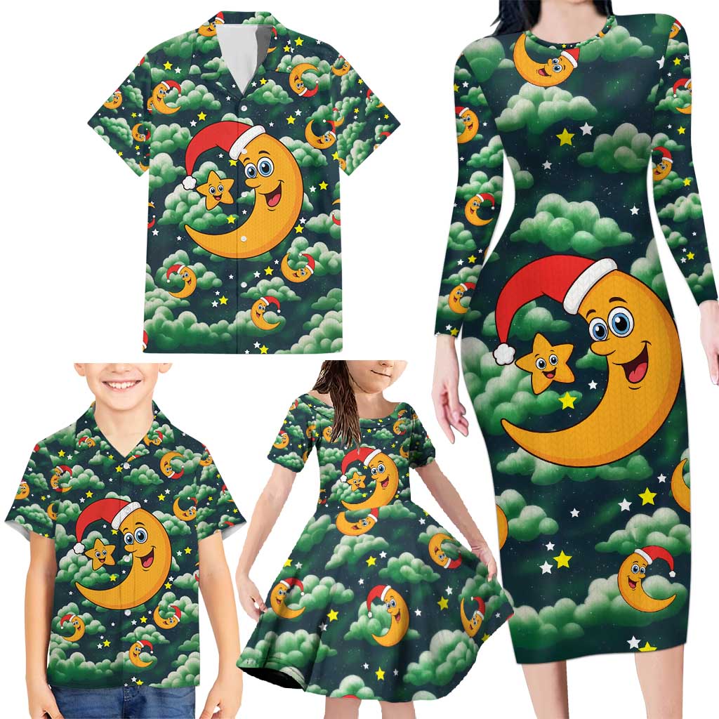 Christmas Moon and Star Family Matching Long Sleeve Bodycon Dress and Hawaiian Shirt Xmas Holiday Patterns - Wonder Print Shop