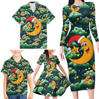 Christmas Moon and Star Family Matching Long Sleeve Bodycon Dress and Hawaiian Shirt Xmas Holiday Patterns - Wonder Print Shop