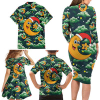 Christmas Moon and Star Family Matching Long Sleeve Bodycon Dress and Hawaiian Shirt Xmas Holiday Patterns - Wonder Print Shop