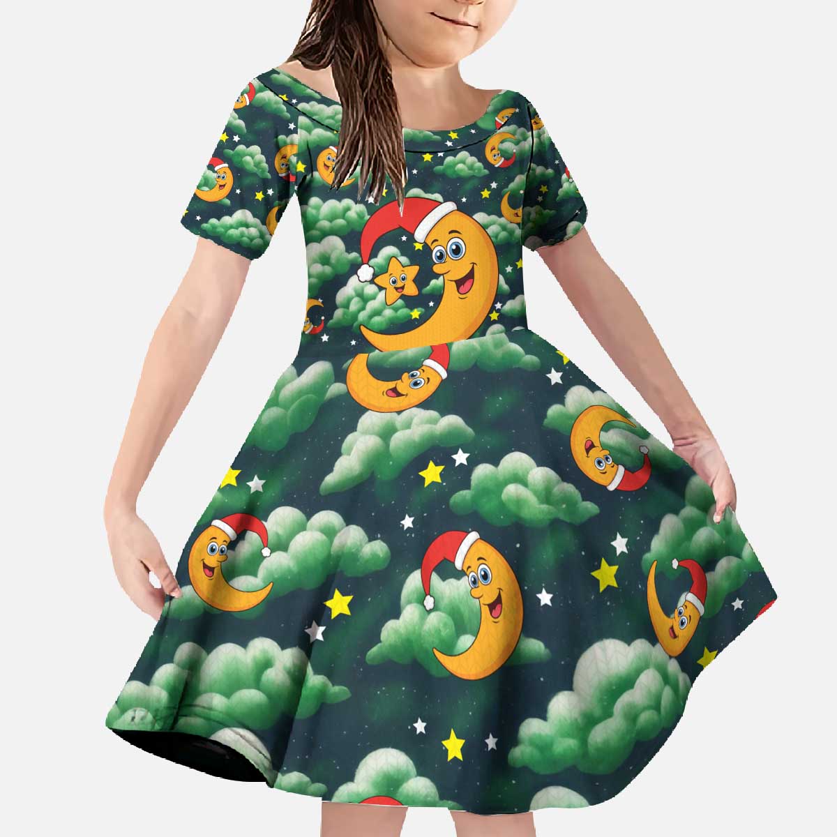 Christmas Moon and Star Family Matching Off The Shoulder Long Sleeve Dress and Hawaiian Shirt Xmas Holiday Patterns - Wonder Print Shop