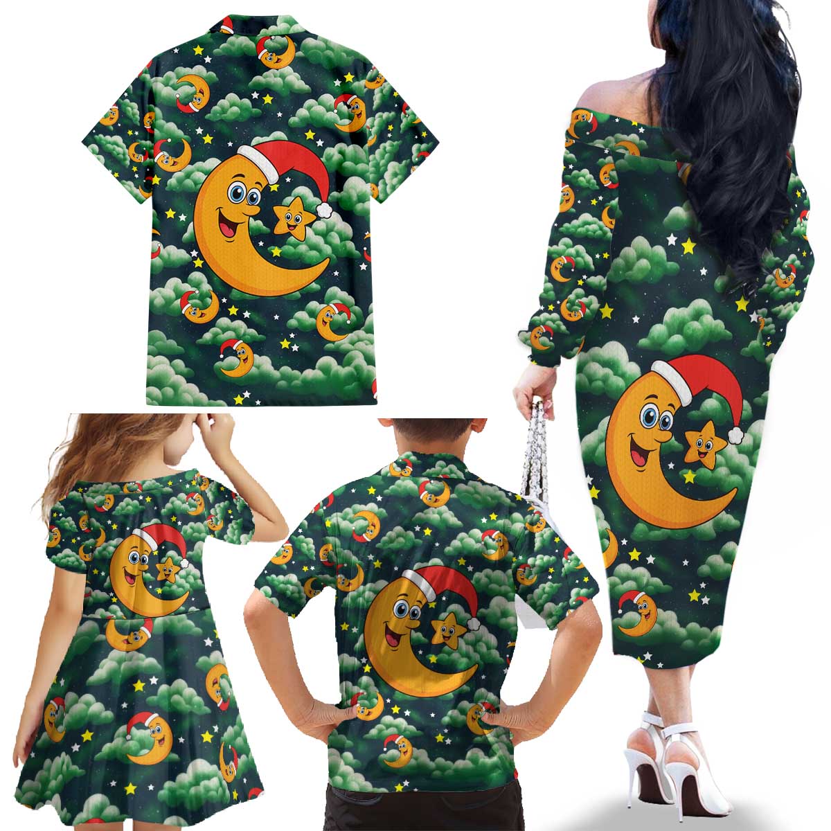Christmas Moon and Star Family Matching Off The Shoulder Long Sleeve Dress and Hawaiian Shirt Xmas Holiday Patterns - Wonder Print Shop