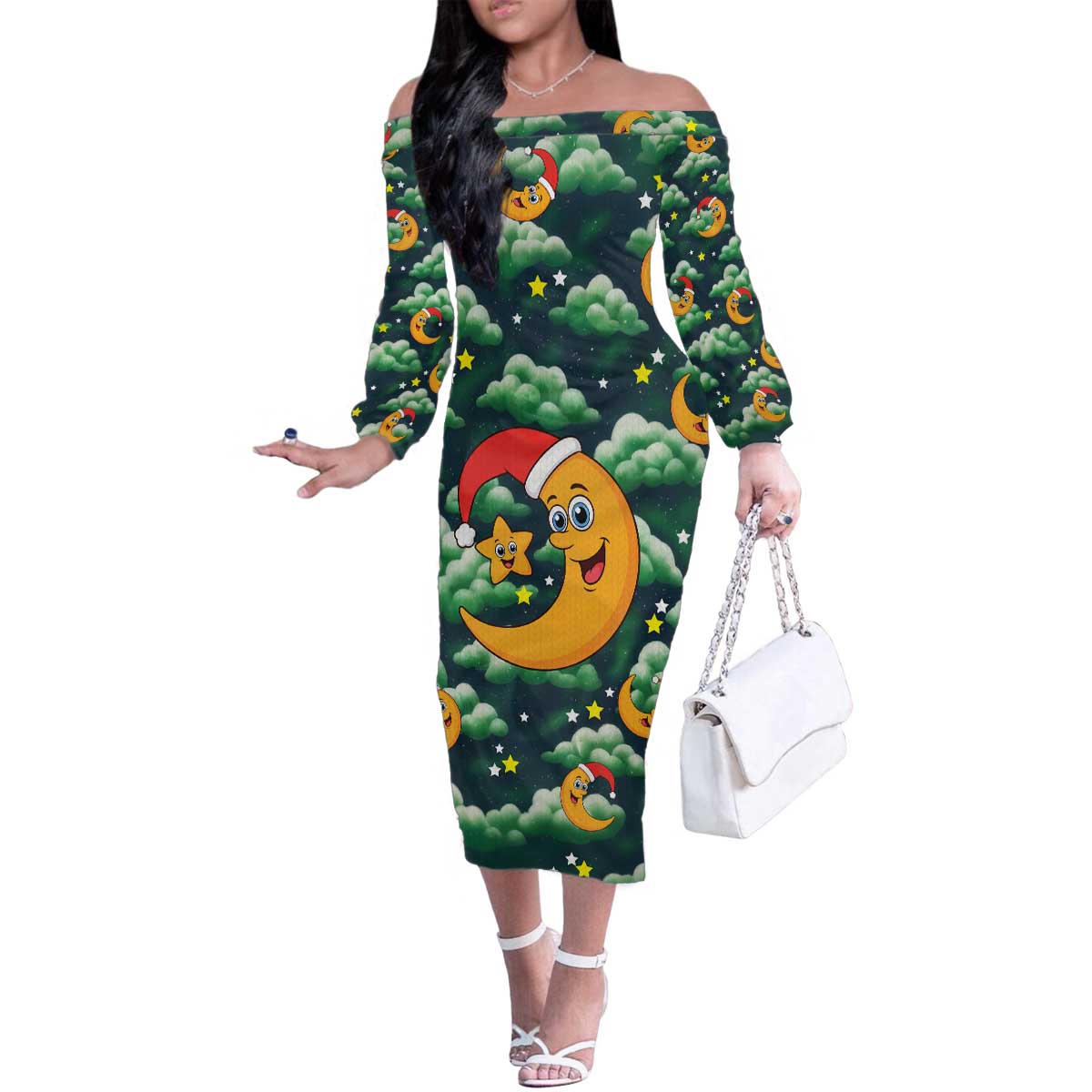 Christmas Moon and Star Family Matching Off The Shoulder Long Sleeve Dress and Hawaiian Shirt Xmas Holiday Patterns - Wonder Print Shop
