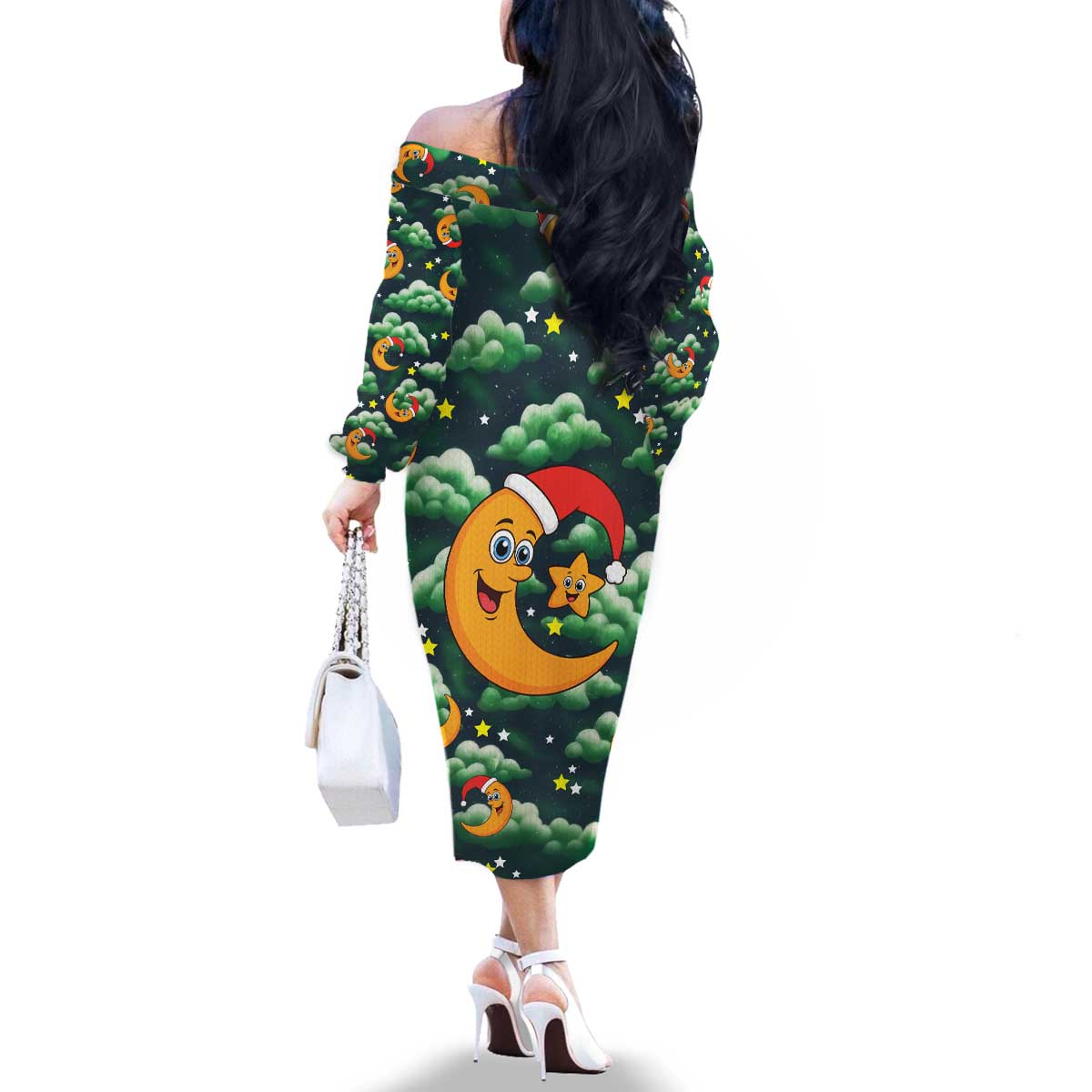 Christmas Moon and Star Family Matching Off The Shoulder Long Sleeve Dress and Hawaiian Shirt Xmas Holiday Patterns - Wonder Print Shop