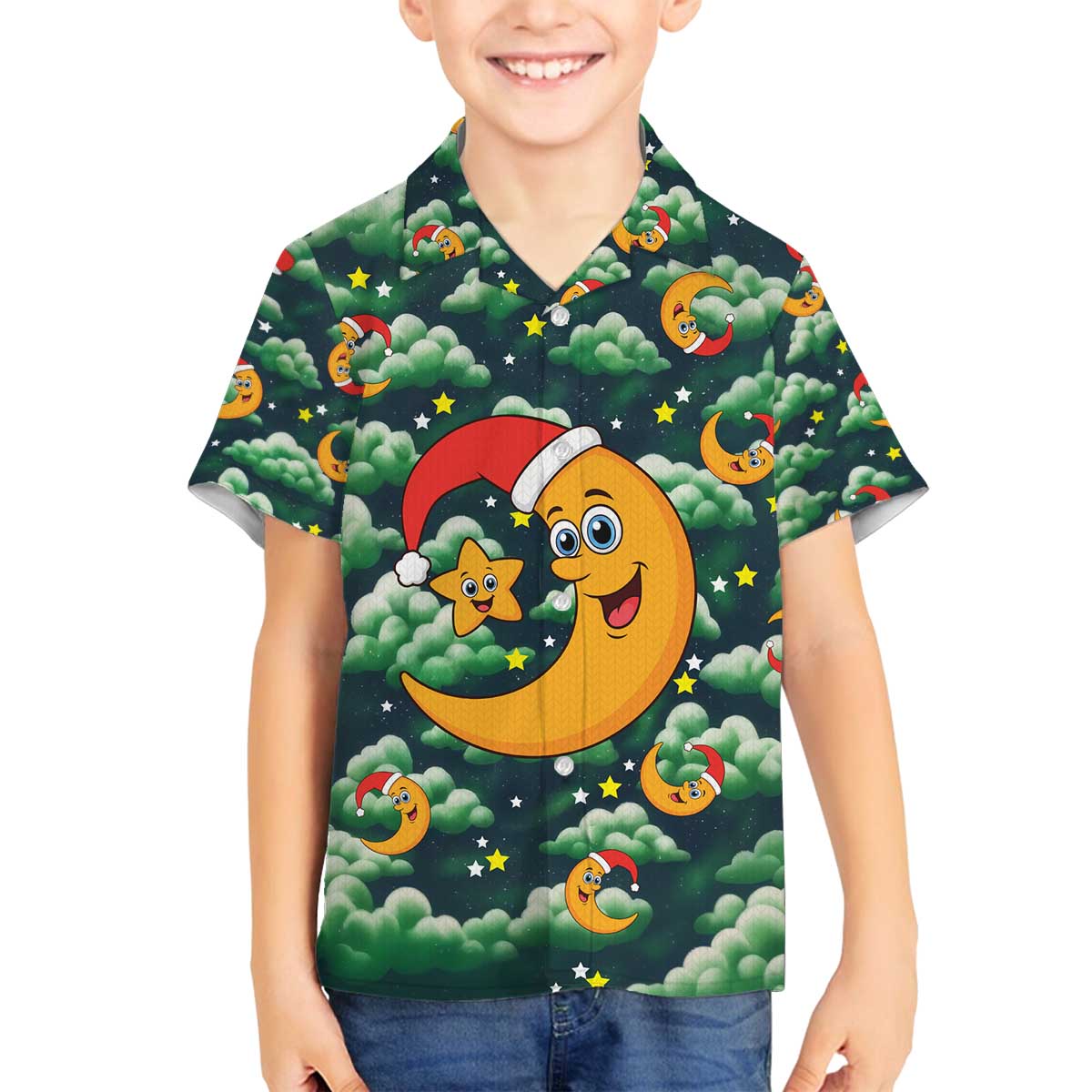 Christmas Moon and Star Family Matching Off The Shoulder Long Sleeve Dress and Hawaiian Shirt Xmas Holiday Patterns - Wonder Print Shop