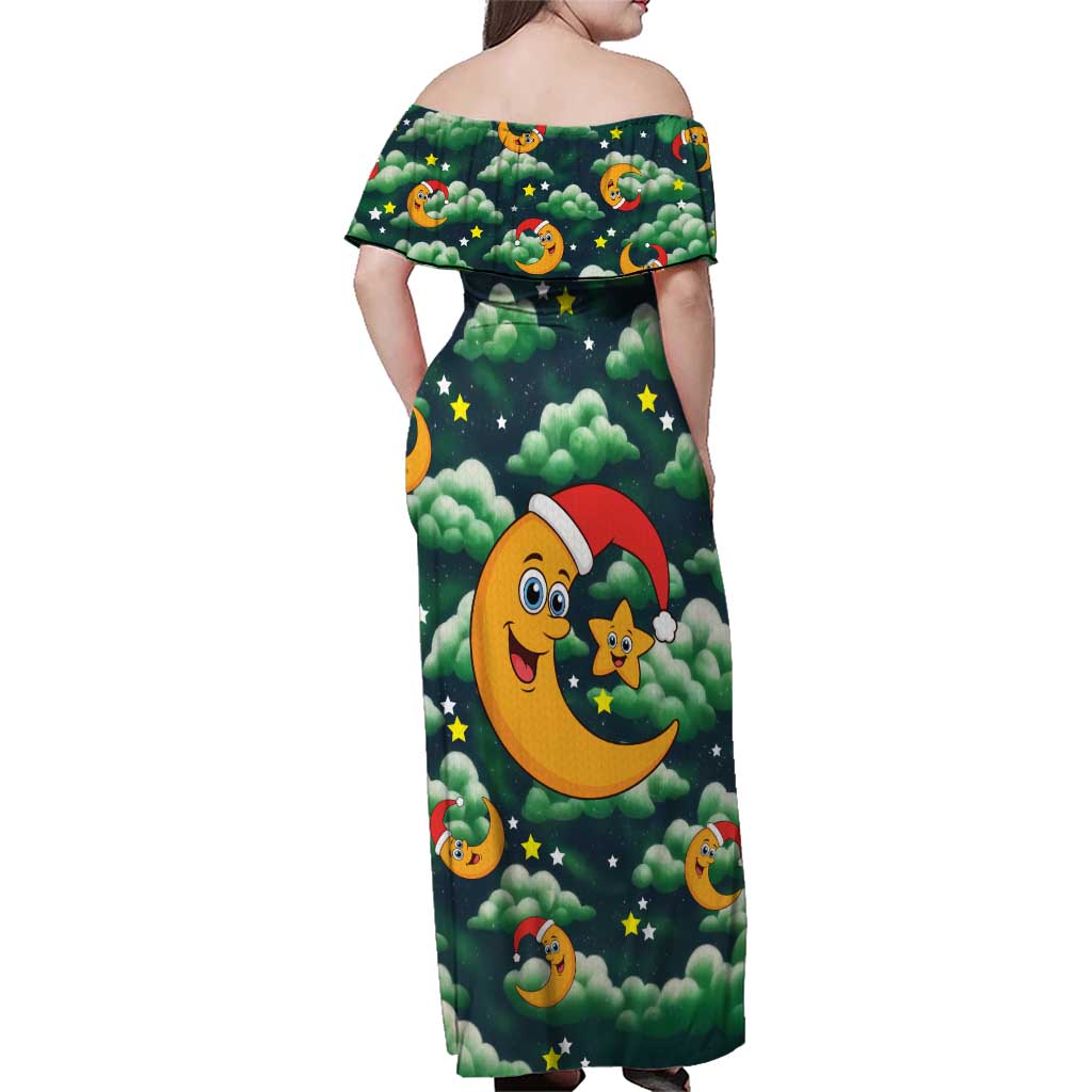 Christmas Moon and Star Family Matching Off Shoulder Maxi Dress and Hawaiian Shirt Xmas Holiday Patterns - Wonder Print Shop