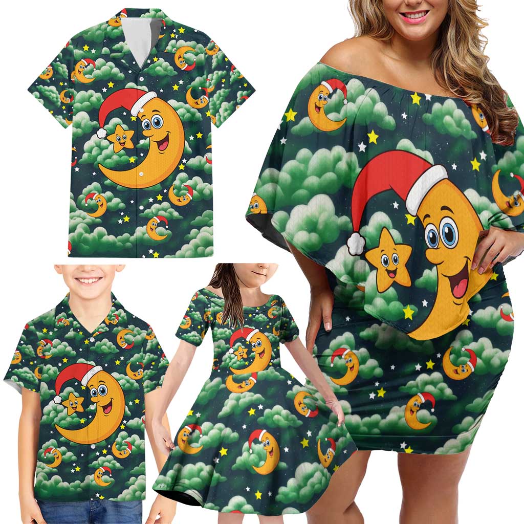 Christmas Moon and Star Family Matching Off Shoulder Short Dress and Hawaiian Shirt Xmas Holiday Patterns - Wonder Print Shop