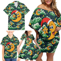 Christmas Moon and Star Family Matching Off Shoulder Short Dress and Hawaiian Shirt Xmas Holiday Patterns - Wonder Print Shop