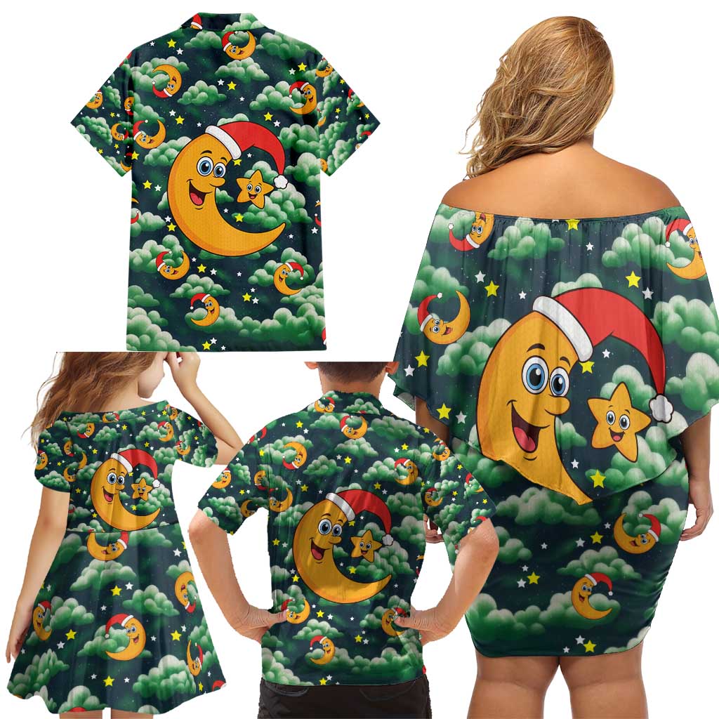 Christmas Moon and Star Family Matching Off Shoulder Short Dress and Hawaiian Shirt Xmas Holiday Patterns - Wonder Print Shop