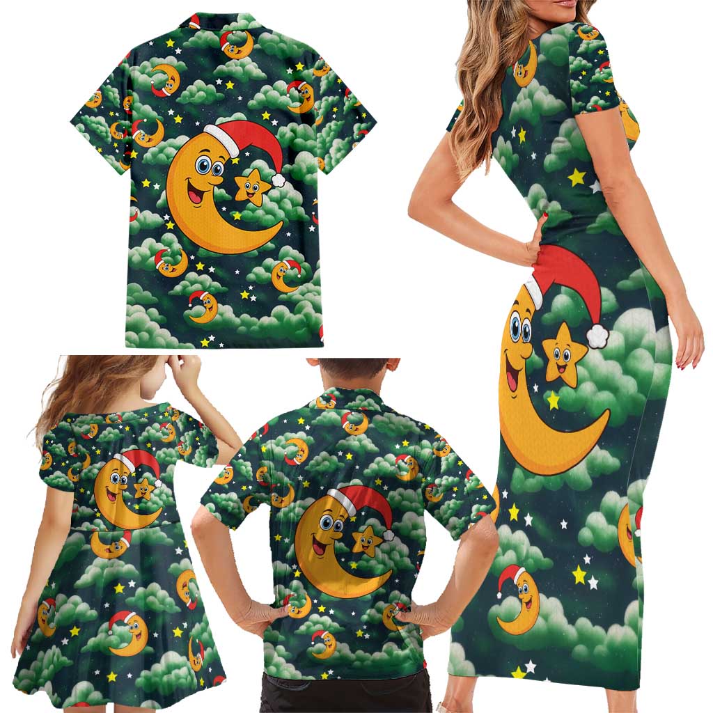 Christmas Moon and Star Family Matching Short Sleeve Bodycon Dress and Hawaiian Shirt Xmas Holiday Patterns - Wonder Print Shop