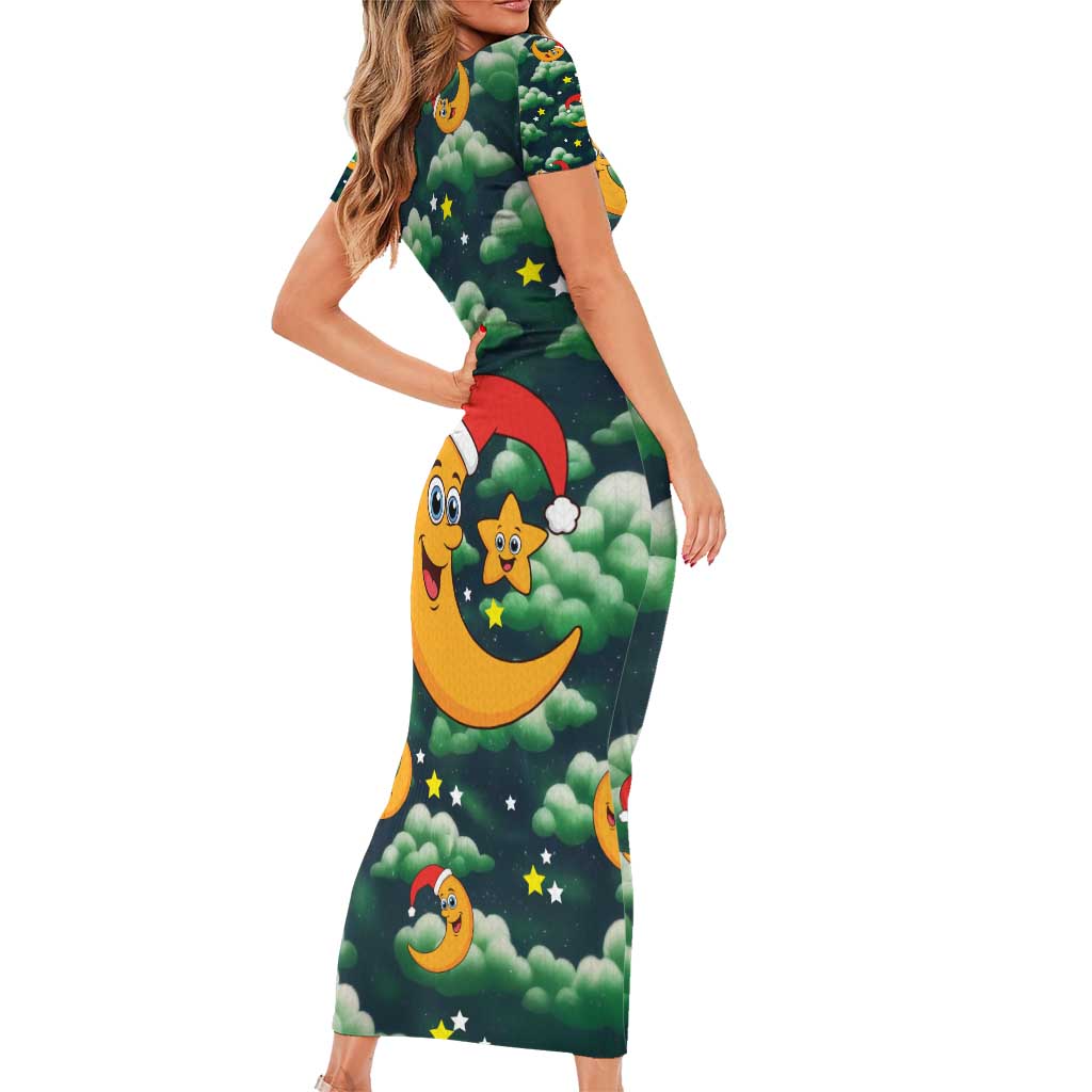 Christmas Moon and Star Family Matching Short Sleeve Bodycon Dress and Hawaiian Shirt Xmas Holiday Patterns - Wonder Print Shop
