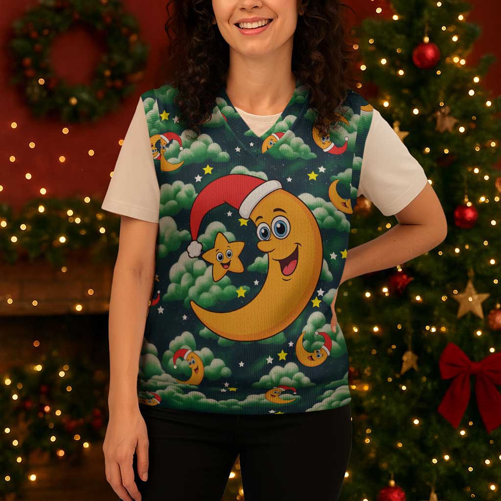 Christmas Moon and Star Christmas Knitted V-Neck Vest Xmas Holiday Patterns - Wonder Print Shop