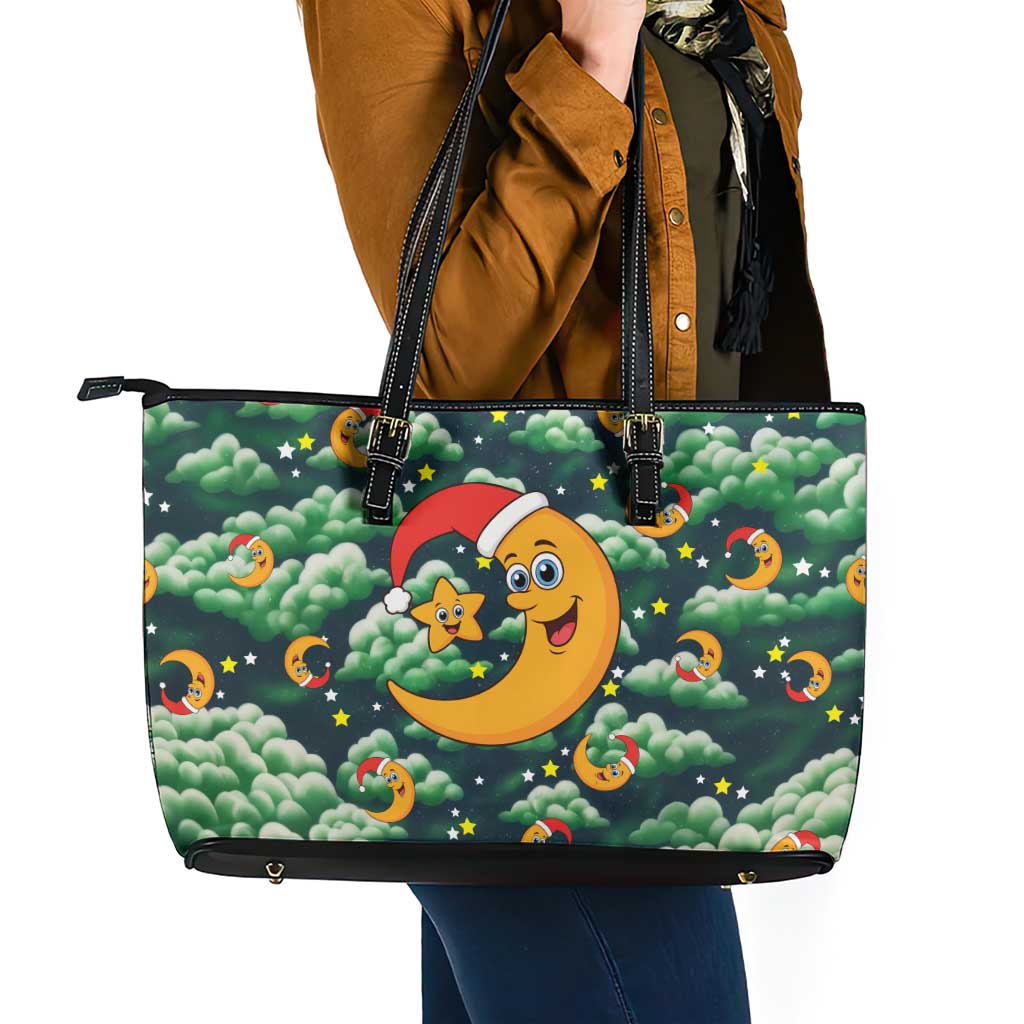 Christmas Moon and Star Leather Tote Bag Xmas Holiday Patterns - Wonder Print Shop