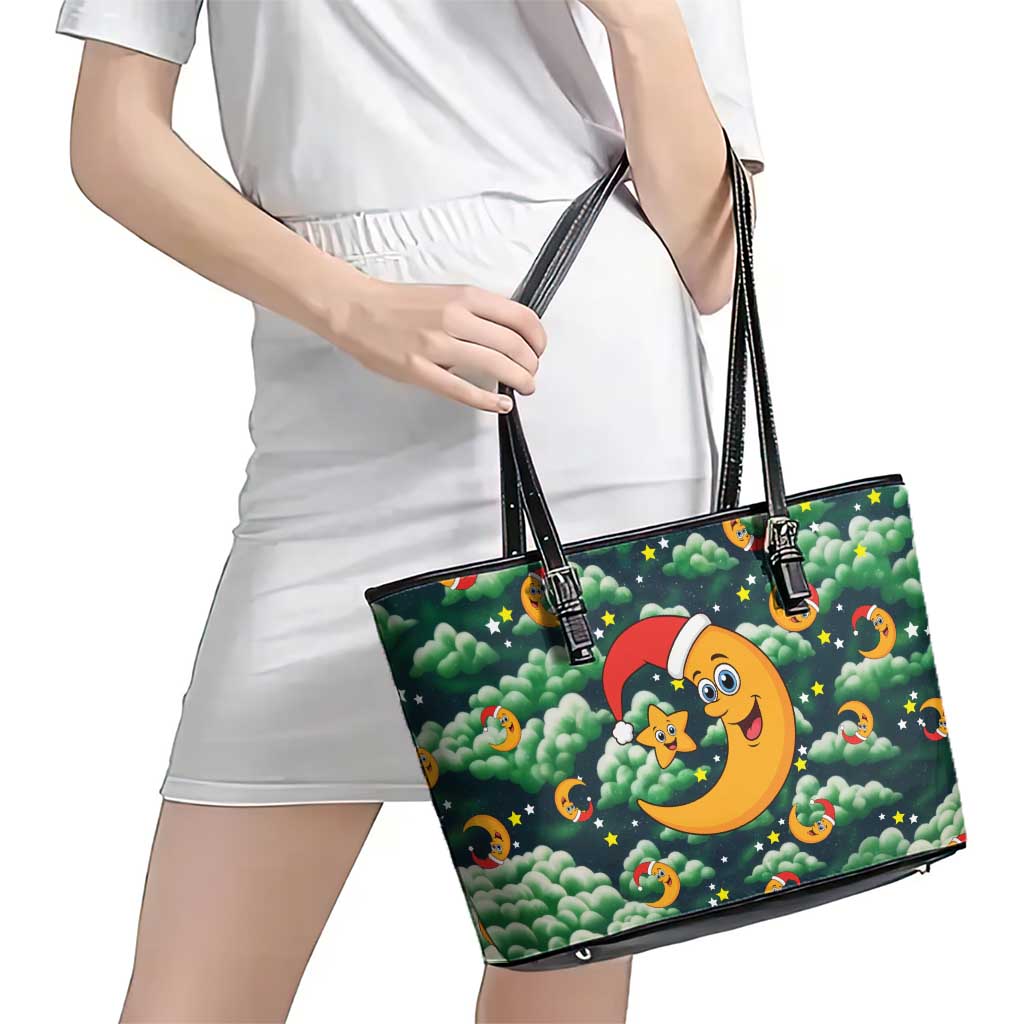 Christmas Moon and Star Leather Tote Bag Xmas Holiday Patterns - Wonder Print Shop