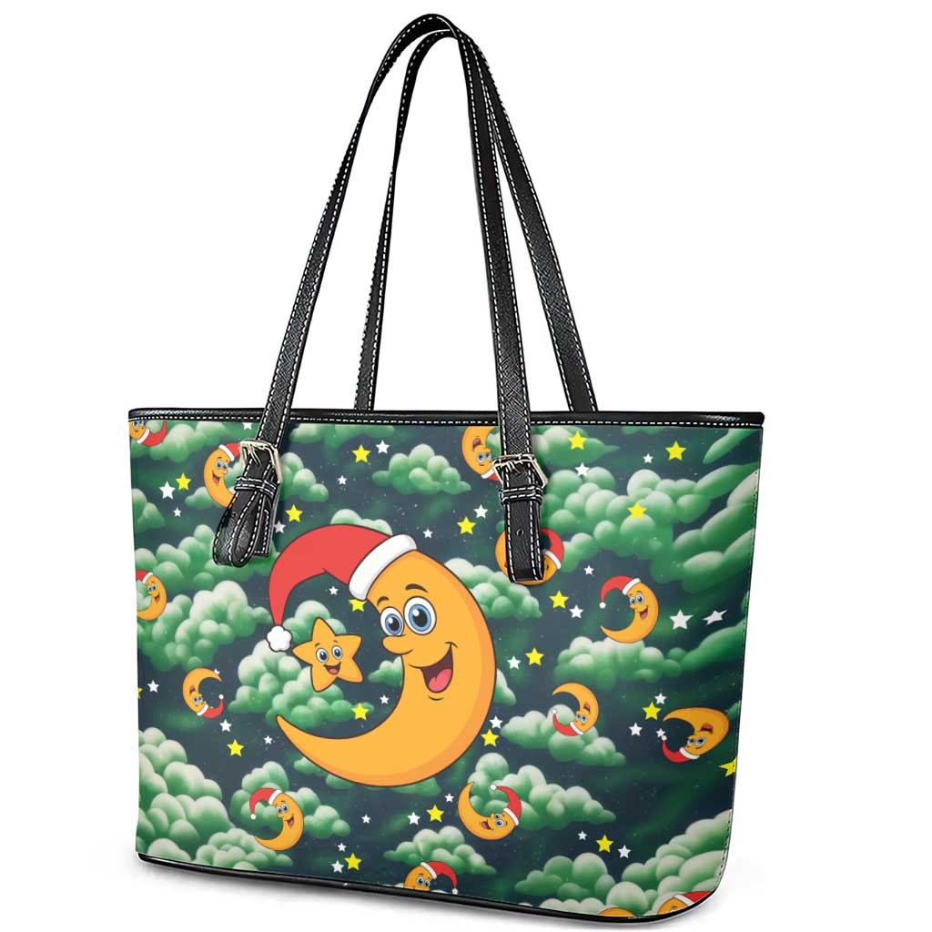 Christmas Moon and Star Leather Tote Bag Xmas Holiday Patterns - Wonder Print Shop