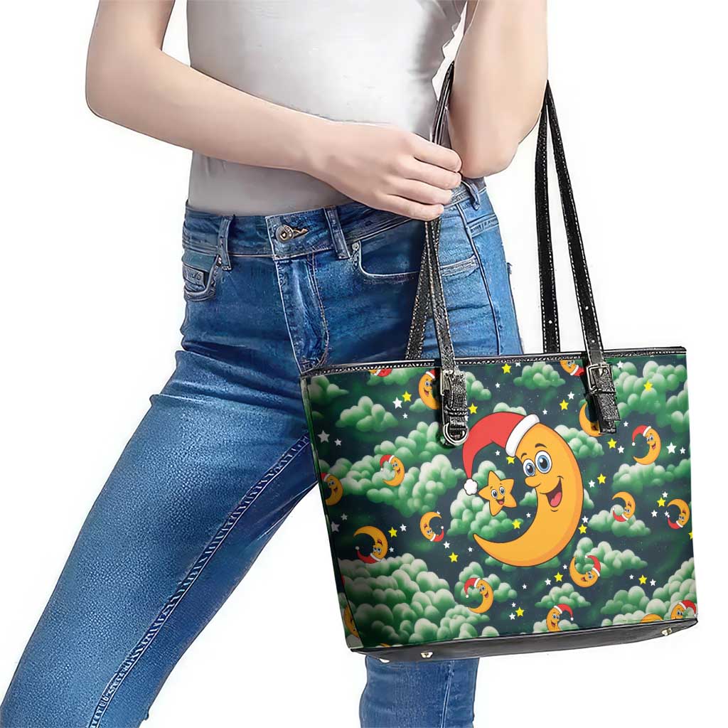 Christmas Moon and Star Leather Tote Bag Xmas Holiday Patterns - Wonder Print Shop