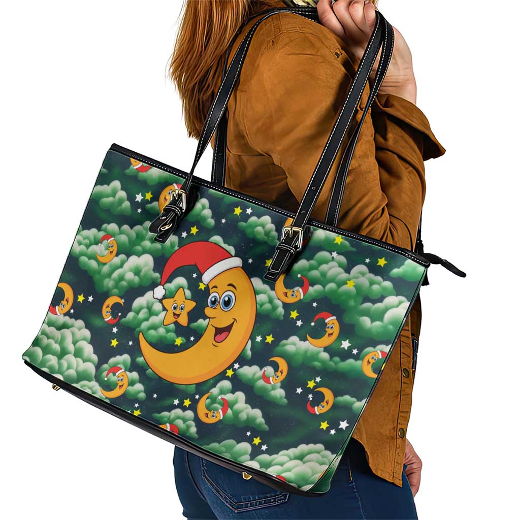 Christmas Moon and Star Leather Tote Bag Xmas Holiday Patterns - Wonder Print Shop