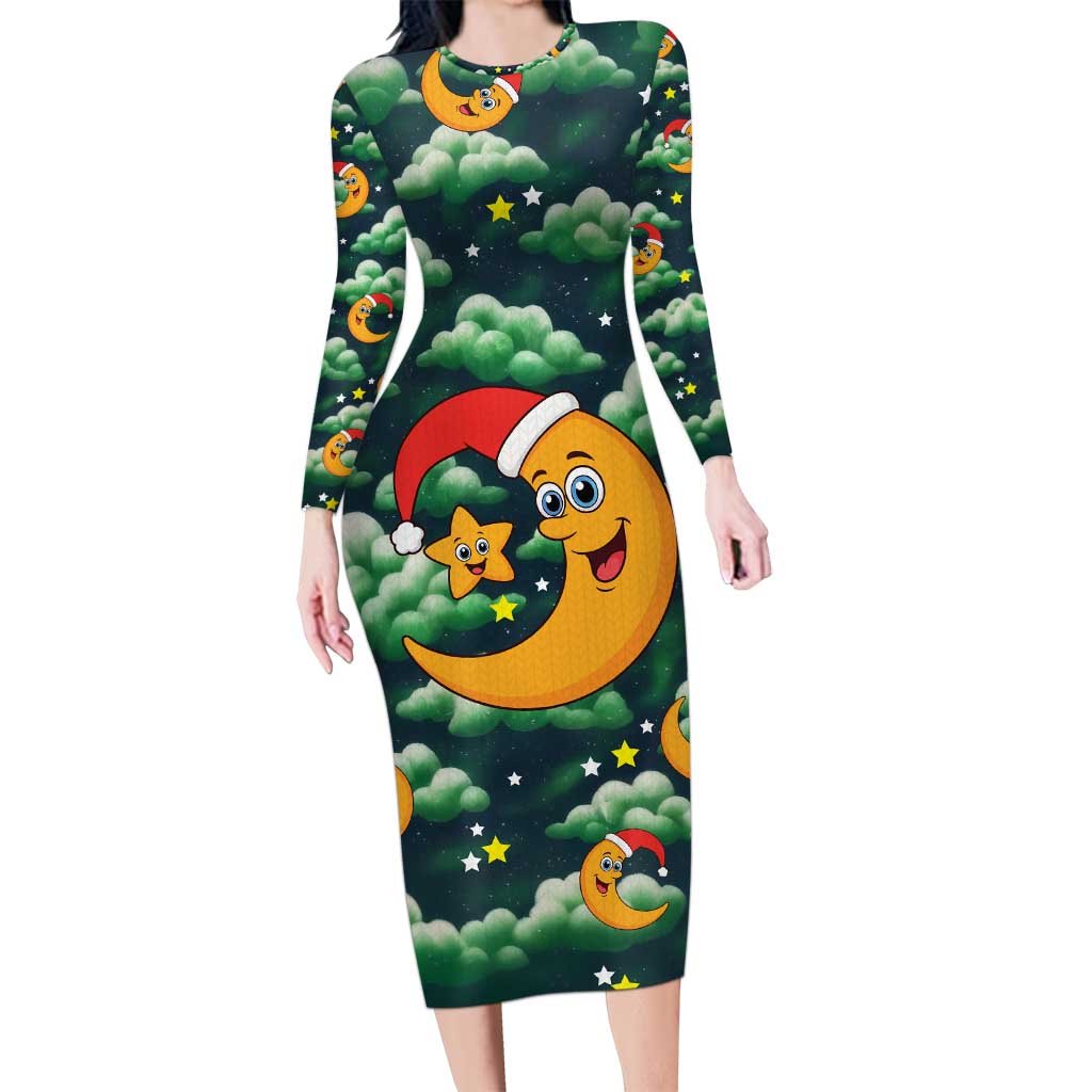 Christmas Moon and Star Long Sleeve Bodycon Dress Xmas Holiday Patterns - Wonder Print Shop