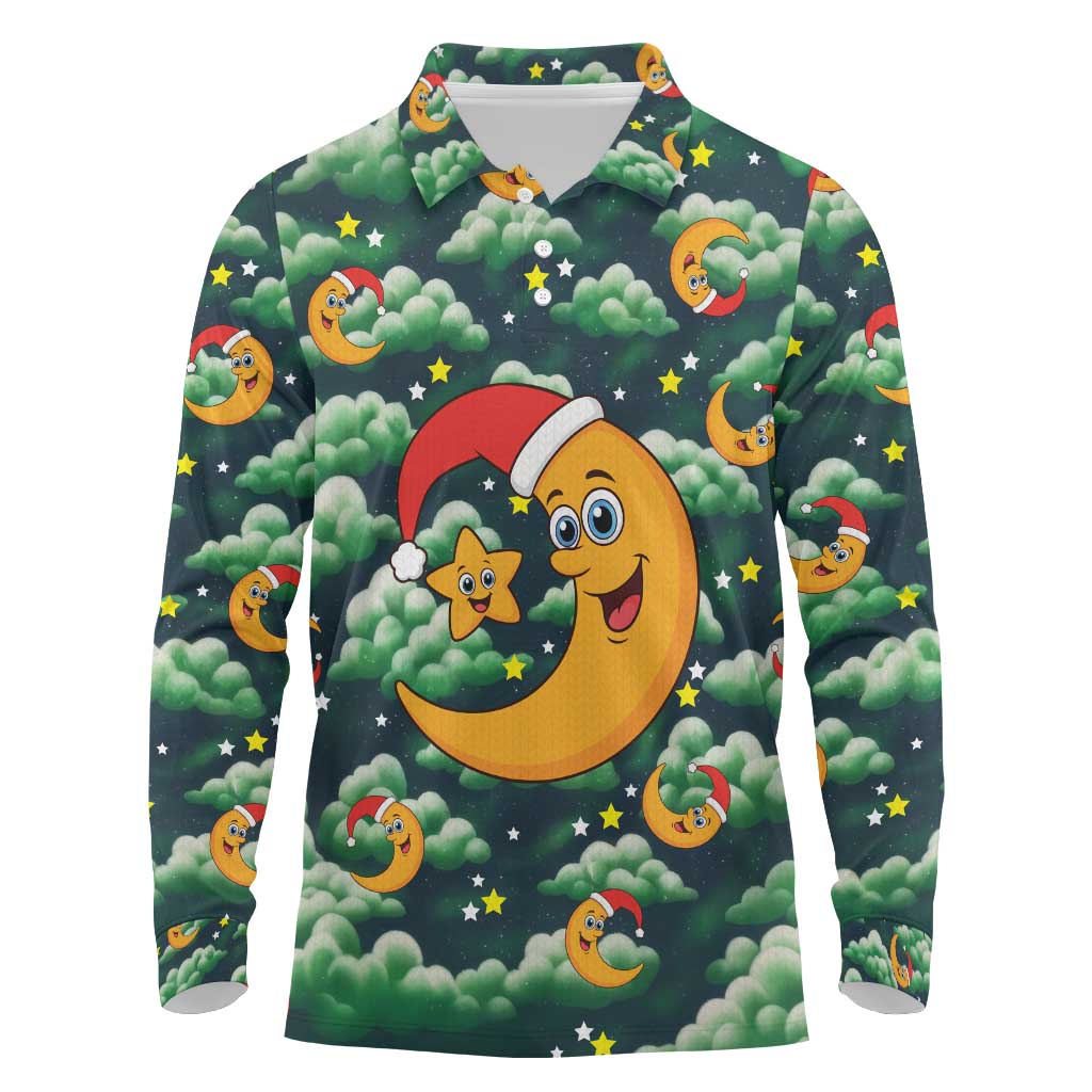 Christmas Moon and Star Long Sleeve Polo Shirt Xmas Holiday Patterns - Wonder Print Shop