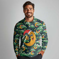 Christmas Moon and Star Long Sleeve Polo Shirt Xmas Holiday Patterns - Wonder Print Shop