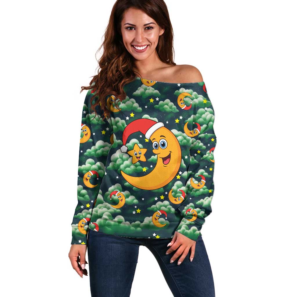 Christmas Moon and Star Off Shoulder Sweater Xmas Holiday Patterns - Wonder Print Shop