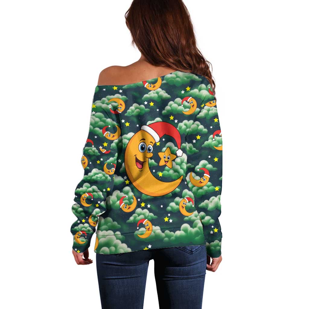 Christmas Moon and Star Off Shoulder Sweater Xmas Holiday Patterns - Wonder Print Shop