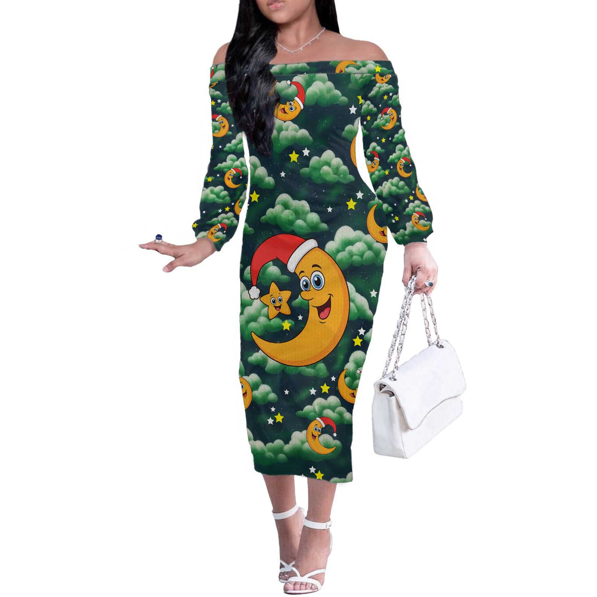 Christmas Moon and Star Off The Shoulder Long Sleeve Dress Xmas Holiday Patterns - Wonder Print Shop