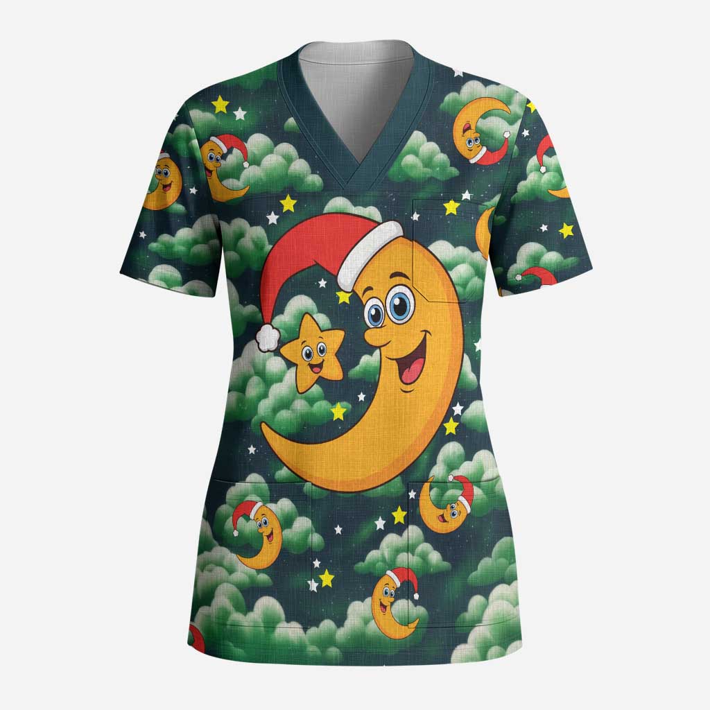 Christmas Moon and Star Scrub Top Xmas Holiday Patterns - Wonder Print Shop