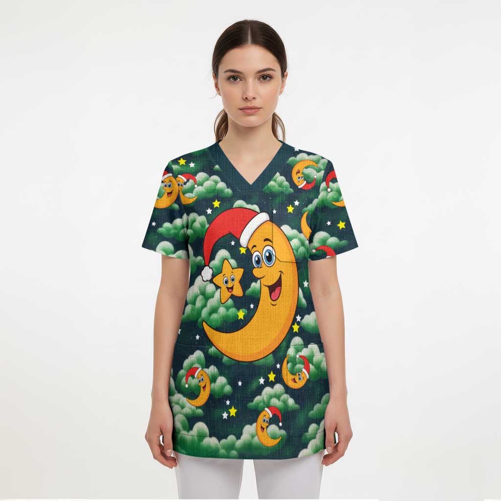 Christmas Moon and Star Scrub Top Xmas Holiday Patterns - Wonder Print Shop