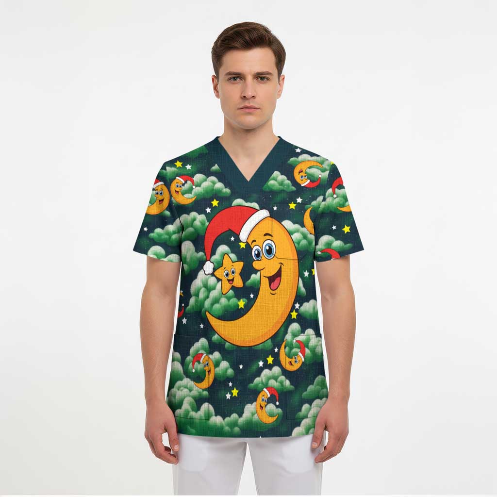 Christmas Moon and Star Scrub Top Xmas Holiday Patterns - Wonder Print Shop