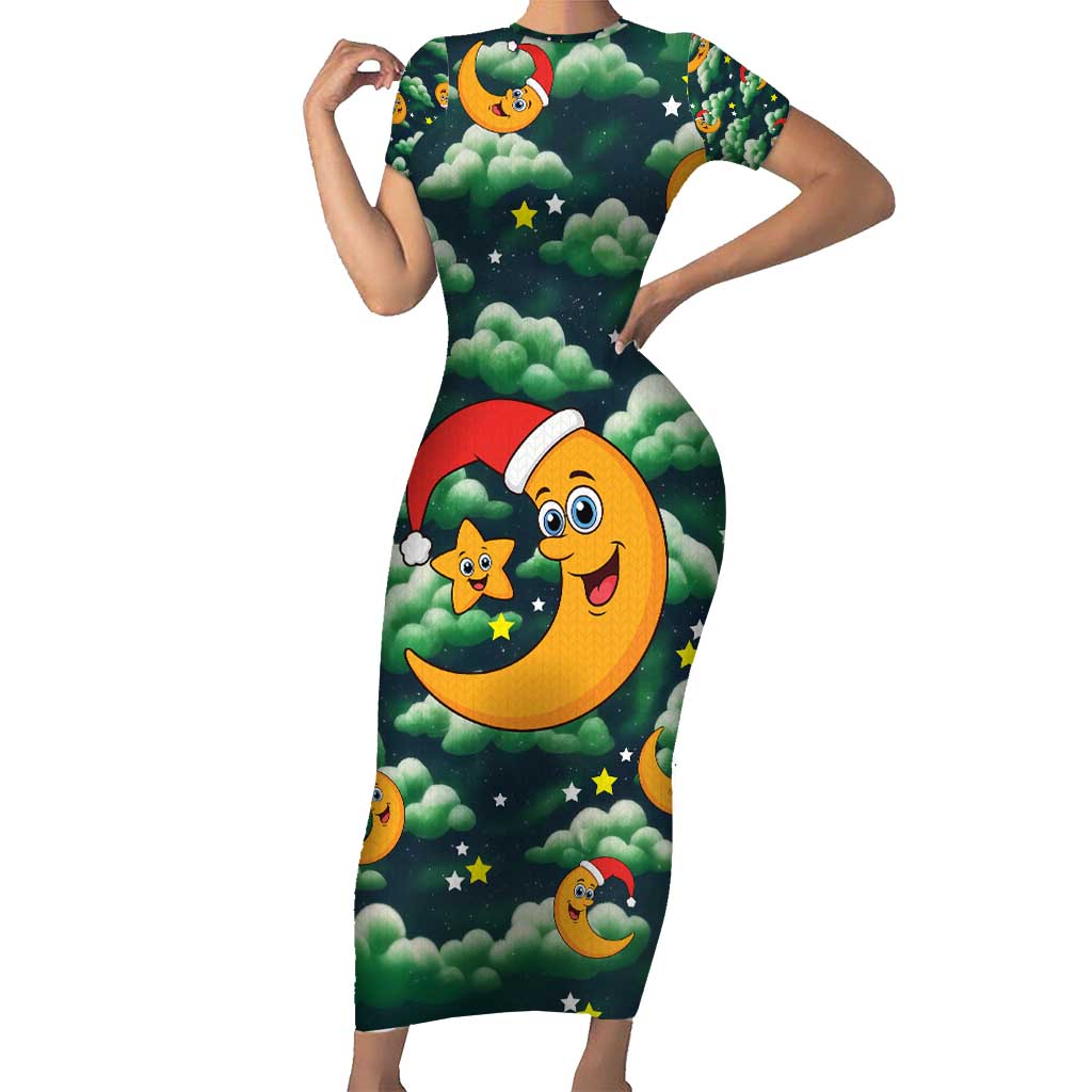 Christmas Moon and Star Short Sleeve Bodycon Dress Xmas Holiday Patterns - Wonder Print Shop