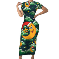 Christmas Moon and Star Short Sleeve Bodycon Dress Xmas Holiday Patterns - Wonder Print Shop