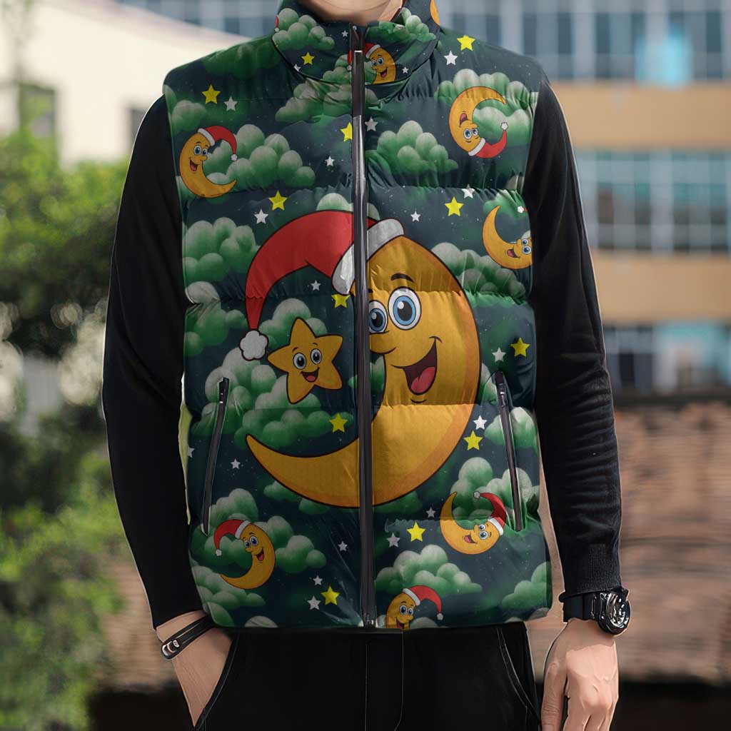 Christmas Moon and Star Sleeveless Puffer Jacket Xmas Holiday Patterns - Wonder Print Shop