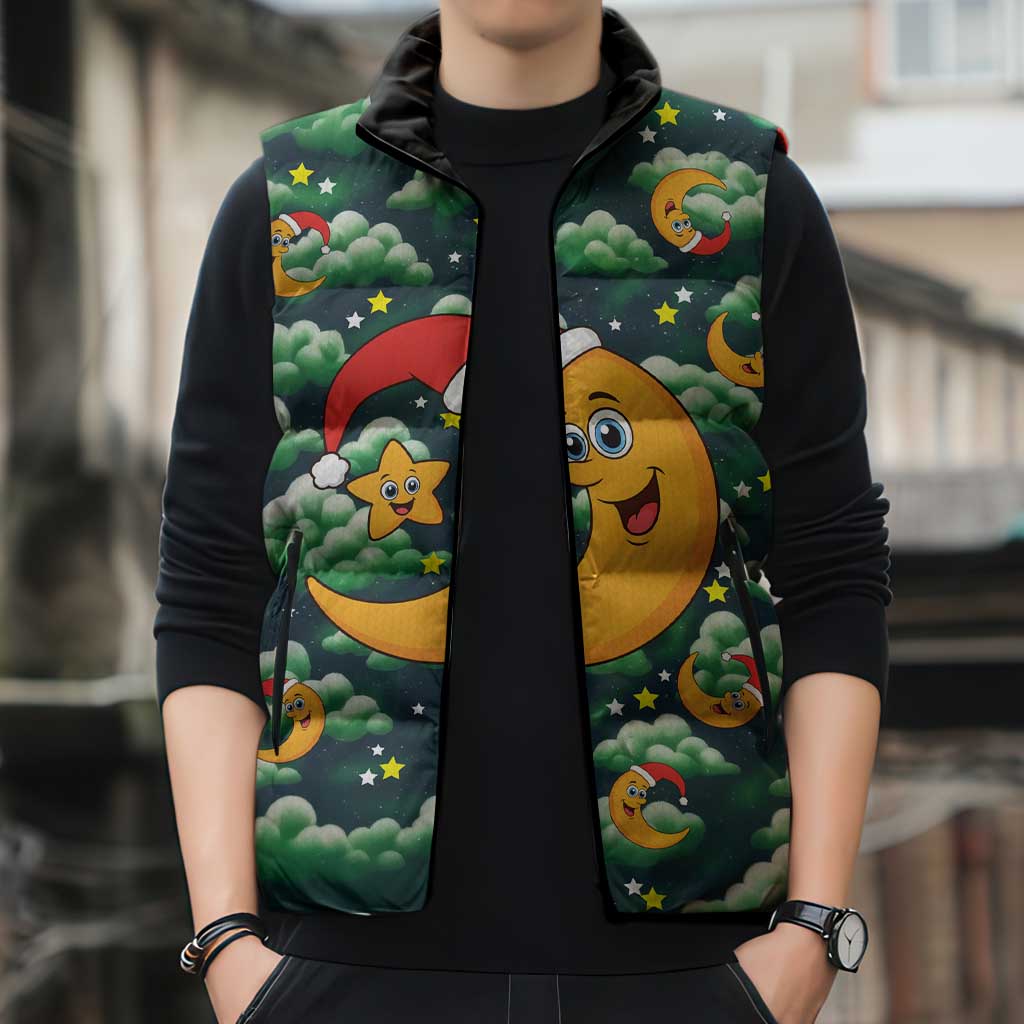 Christmas Moon and Star Sleeveless Puffer Jacket Xmas Holiday Patterns - Wonder Print Shop