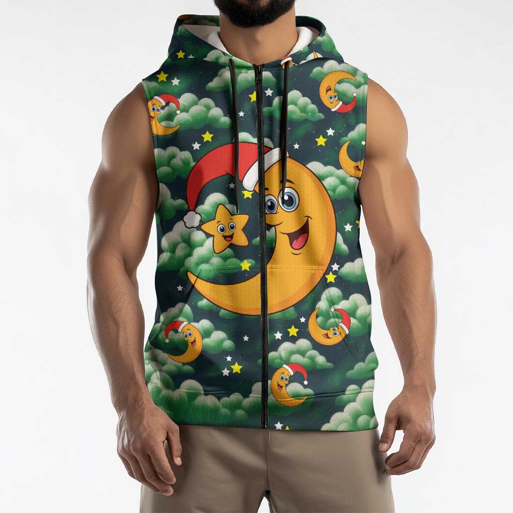 Christmas Moon and Star Sleeveless Zip Hoodie Xmas Holiday Patterns - Wonder Print Shop