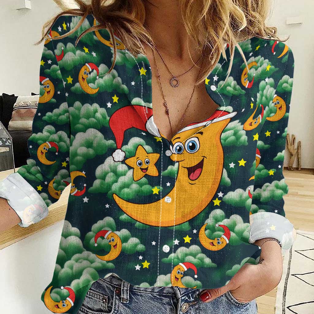 Christmas Moon and Star Women Casual Shirt Xmas Holiday Patterns - Wonder Print Shop