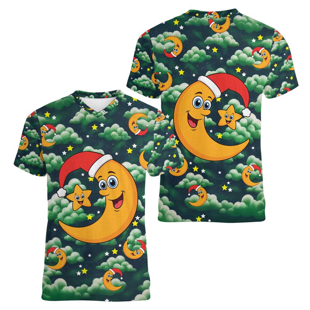 Christmas Moon and Star Women V-Neck T-Shirt Xmas Holiday Patterns - Wonder Print Shop