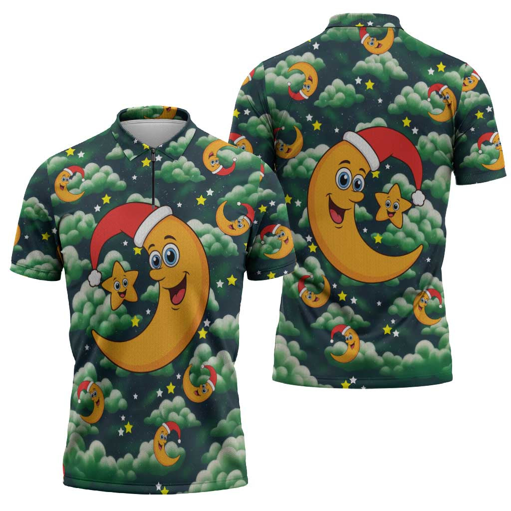 Christmas Moon and Star Zipper Polo Shirt Xmas Holiday Patterns - Wonder Print Shop