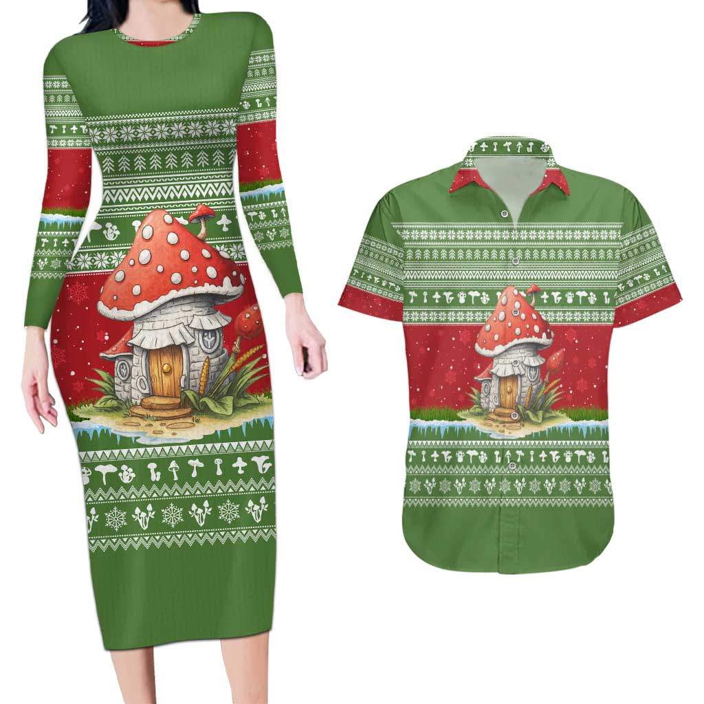 Christmas Mushroom House Couples Matching Long Sleeve Bodycon Dress and Hawaiian Shirt Xmas Holiday Patterns - Wonder Print Shop
