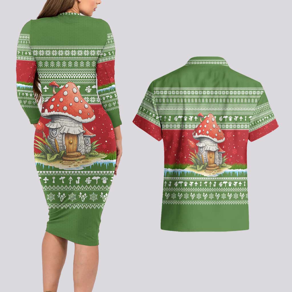 Christmas Mushroom House Couples Matching Long Sleeve Bodycon Dress and Hawaiian Shirt Xmas Holiday Patterns - Wonder Print Shop