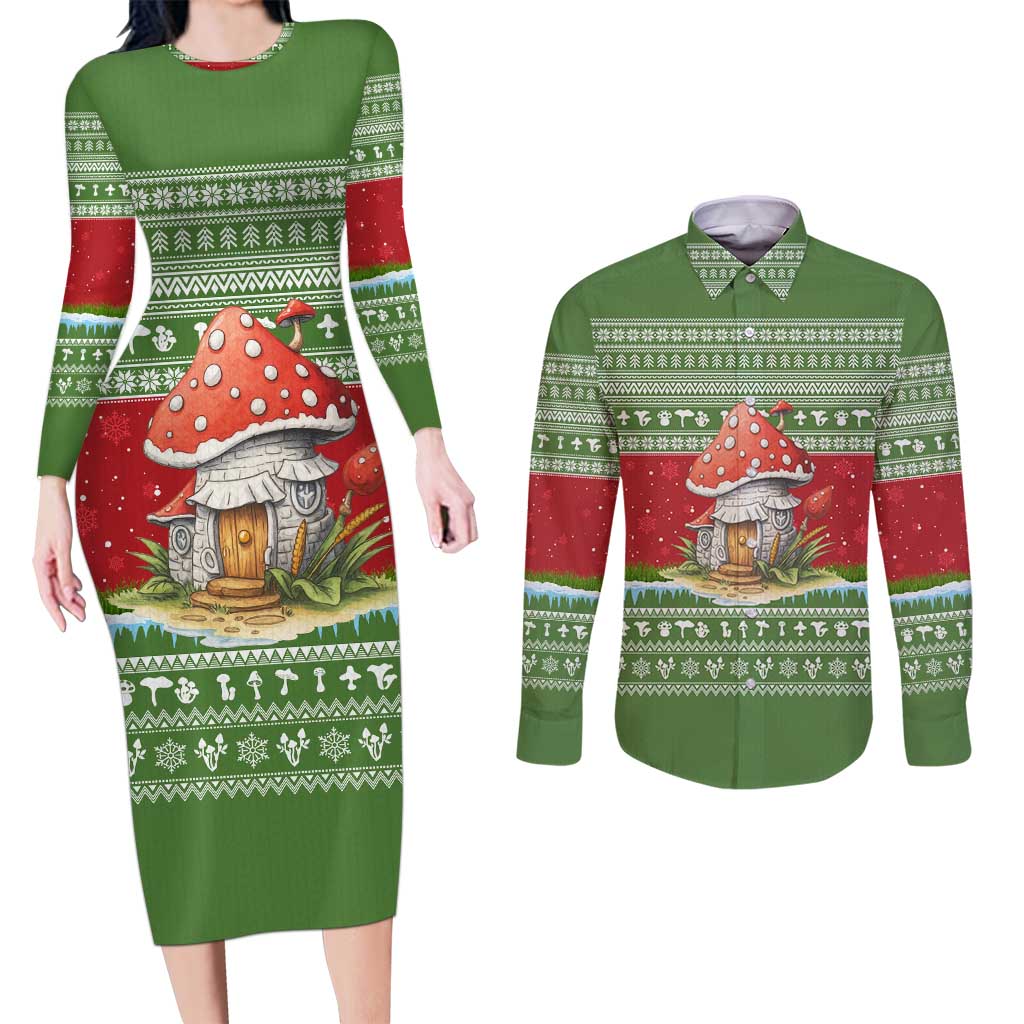 Christmas Mushroom House Couples Matching Long Sleeve Bodycon Dress and Long Sleeve Button Shirt Xmas Holiday Patterns - Wonder Print Shop