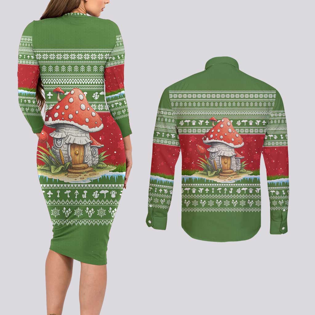 Christmas Mushroom House Couples Matching Long Sleeve Bodycon Dress and Long Sleeve Button Shirt Xmas Holiday Patterns - Wonder Print Shop
