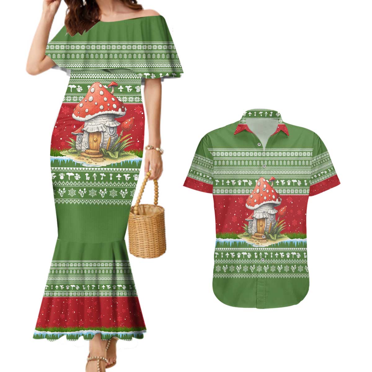 Christmas Mushroom House Couples Matching Mermaid Dress and Hawaiian Shirt Xmas Holiday Patterns - Wonder Print Shop